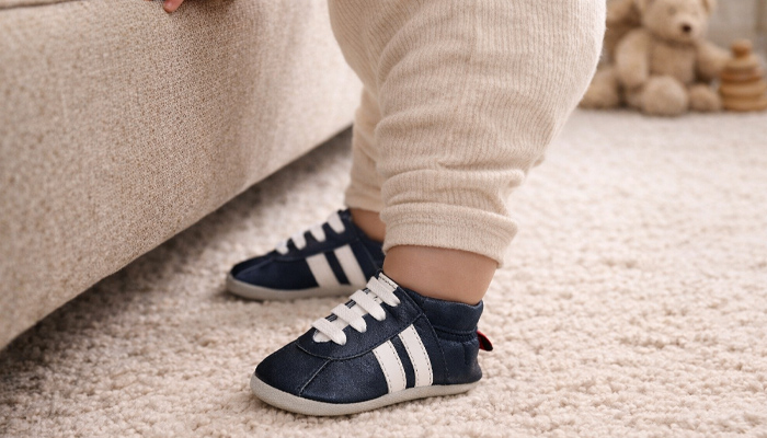 Baby met leren babyslofjes